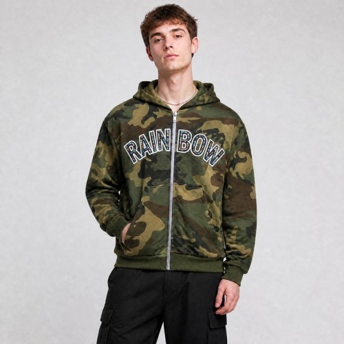 Applique Camouflage Zip Up Hoodie with Colorful Rhinestone | Y2K hip hop streetwear | Clothing Manufacturer