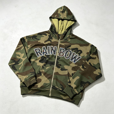 Applique Camouflage Zip Up Hoodie with Colorful Rhinestone | Y2K hip hop streetwear | Clothing Manufacturer