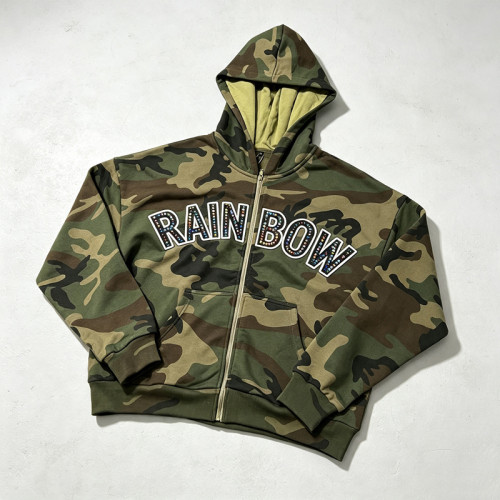 Applique Camouflage Zip Up Hoodie with Colorful Rhinestone | Y2K hip hop streetwear | Clothing Manufacturer
