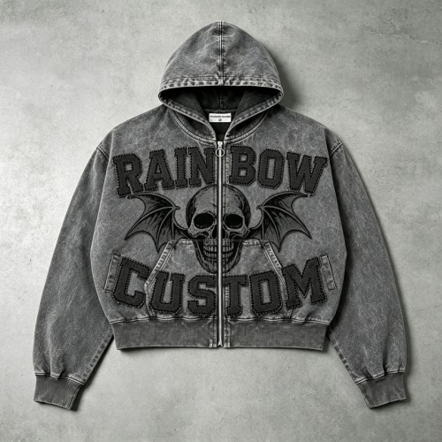 Applique Skull DTG Print Vintage Wash Boxy Hoodie | Heavyweight cotton | Gothic grunge streetwear | OEM Streetwear