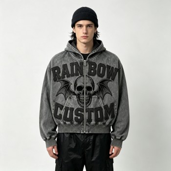 Applique Skull DTG Print Vintage Wash Boxy Hoodie | Heavyweight cotton | Gothic grunge streetwear | OEM Streetwear