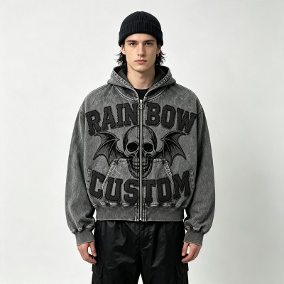 Applique Skull DTG Print Vintage Wash Boxy Hoodie | Heavyweight cotton | Gothic grunge streetwear | OEM Streetwear
