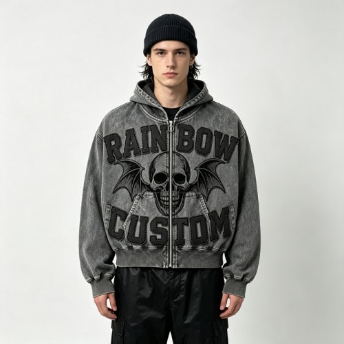 Applique Skull DTG Print Vintage Wash Boxy Hoodie | Heavyweight cotton | Gothic grunge streetwear | OEM Streetwear