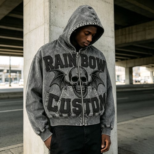 Applique Skull DTG Print Vintage Wash Boxy Hoodie | Heavyweight cotton | Gothic grunge streetwear | OEM Streetwear