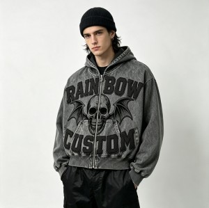 Applique Skull DTG Print Vintage Wash Boxy Hoodie | Heavyweight cotton | Gothic grunge streetwear | OEM Streetwear