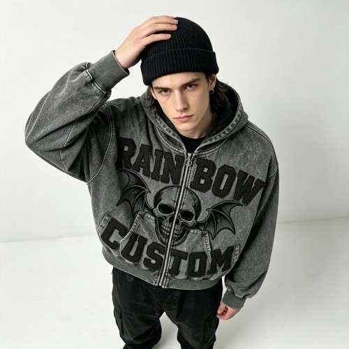 Applique Skull DTG Print Vintage Wash Boxy Hoodie | Heavyweight cotton | Gothic grunge streetwear | OEM Streetwear