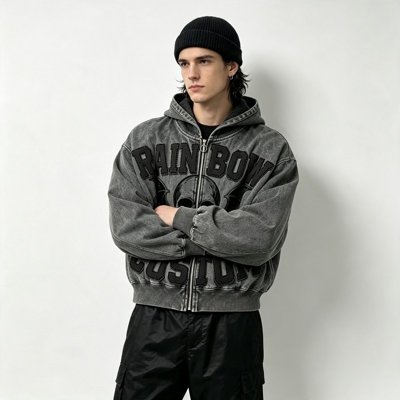 Applique Skull DTG Print Vintage Wash Boxy Hoodie