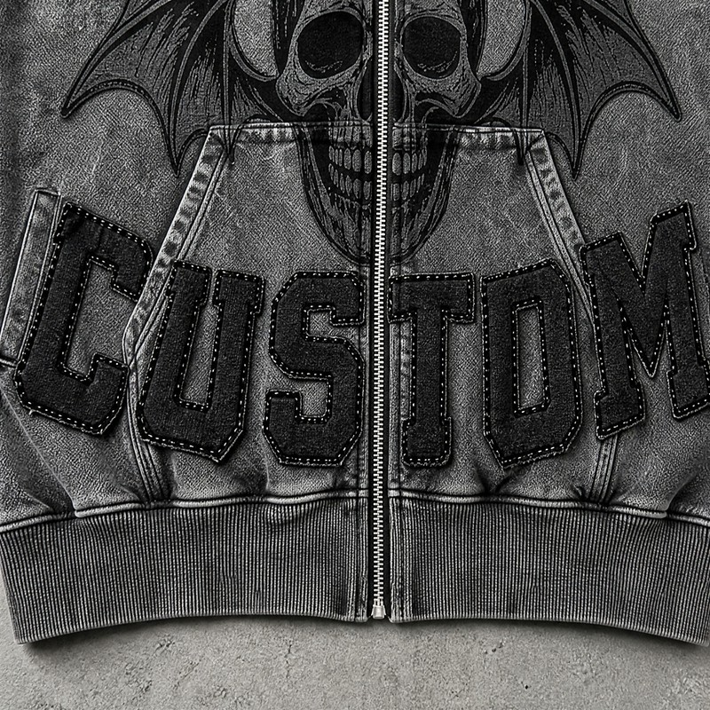 Applique Skull DTG Print Vintage Wash Boxy Hoodie