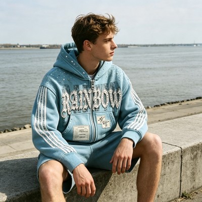 DTG Print Applique Rhinestone Cropped Boxy Zip Up Hoodie | Y2K Street Fashion | Custom Streetwear