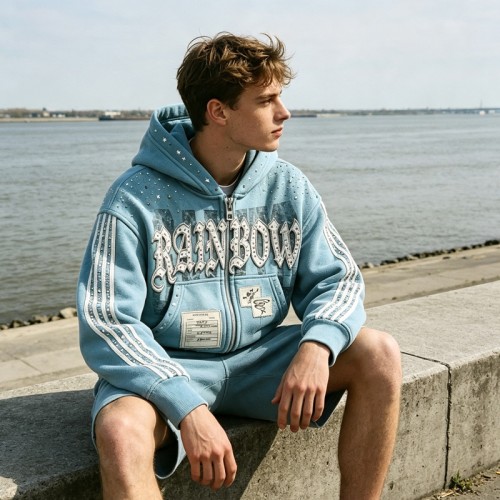 DTG Print Applique Rhinestone Cropped Boxy Zip Up Hoodie | Y2K Street Fashion | Custom Streetwear