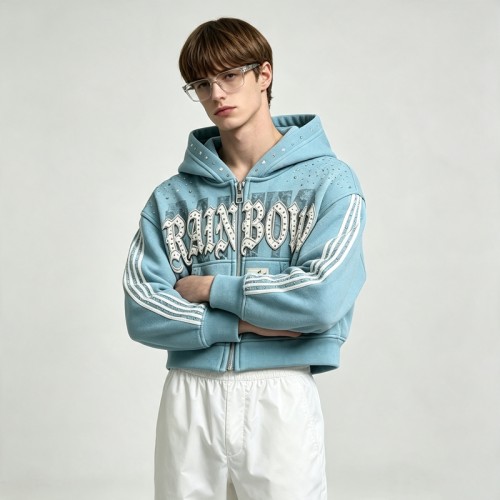 DTG Print Applique Rhinestone Cropped Boxy Zip Up Hoodie | Y2K Street Fashion | Custom Streetwear