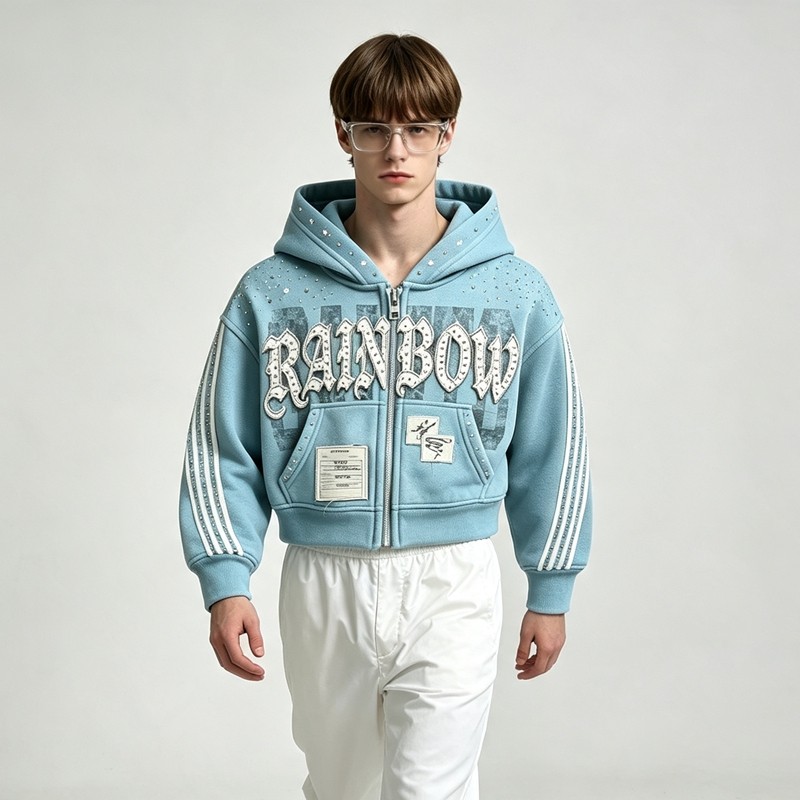 DTG Print Applique Rhinestone Cropped Boxy Zip Up Hoodie