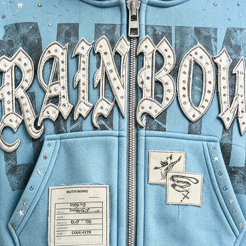 DTG Print Applique Rhinestone Cropped Boxy Zip Up Hoodie
