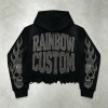 Vintage Washed Skull Rhinestone Cropped Boxy Raw Edge Hoodie | Heavyweight cotton | Gothic hip hop streetwear | Streetwear Manufacturer