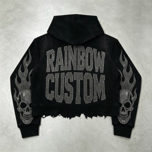Vintage Washed Skull Rhinestone Cropped Boxy Raw Edge Hoodie | Heavyweight cotton | Gothic hip hop streetwear | Streetwear Manufacturer