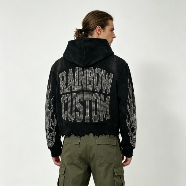 Vintage Washed Skull Rhinestone Cropped Boxy Raw Edge Hoodie | Heavyweight cotton | Gothic hip hop streetwear | Streetwear Manufacturer