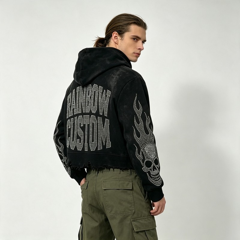 Vintage Washed Skull Rhinestone Cropped Boxy Raw Edge Hoodie