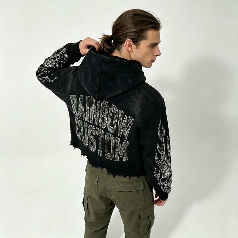 Vintage Washed Skull Rhinestone Cropped Boxy Raw Edge Hoodie