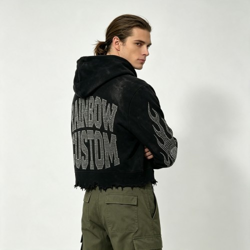 Vintage Washed Skull Rhinestone Cropped Boxy Raw Edge Hoodie | Heavyweight cotton | Gothic hip hop streetwear | Streetwear Manufacturer