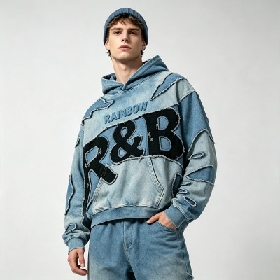 Vintage Wash Applique Embossed Cropped Boxy Hoodie | Heavy cotton | Retro hip hop streetwear | Custom Streetwear