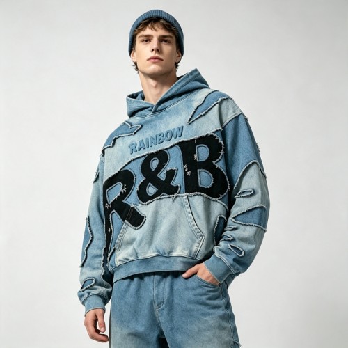 Vintage Wash Applique Embossed Cropped Boxy Hoodie | Heavy cotton | Retro hip hop streetwear | Custom Streetwear