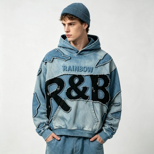 Vintage Wash Applique Embossed Cropped Boxy Hoodie | Heavy cotton | Retro hip hop streetwear | Custom Streetwear