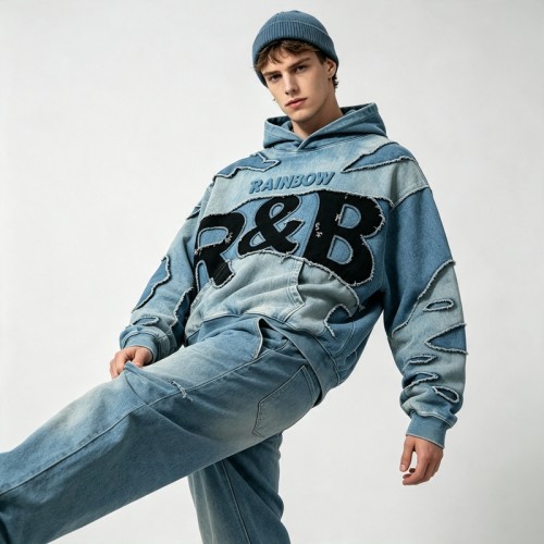 Vintage Wash Applique Embossed Cropped Boxy Hoodie | Heavy cotton | Retro hip hop streetwear | Custom Streetwear