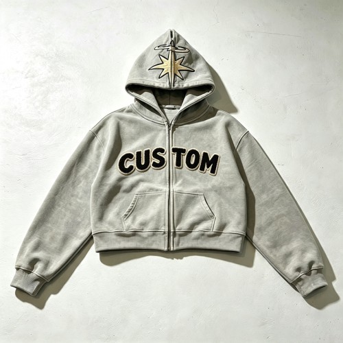 Vintage Towel Embroidery Applique Cropped Boxy Hoodie | Heavy fleece | Casual street fashion | OEM Streetwear