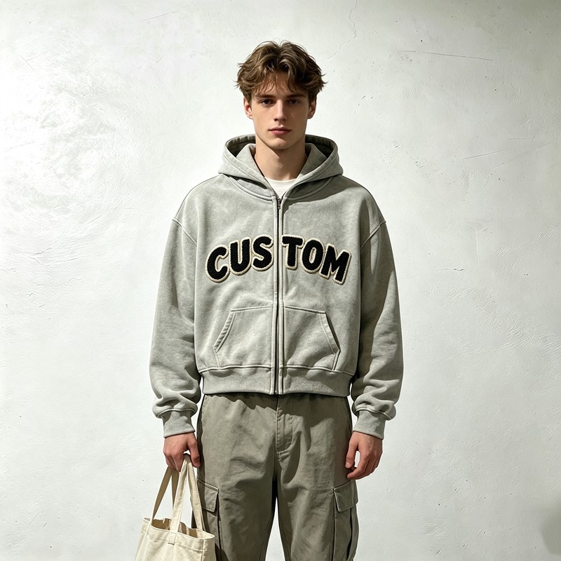 Vintage Towel Embroidery Applique Cropped Boxy Hoodie
