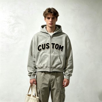 Vintage Towel Embroidery Applique Cropped Boxy Hoodie | Heavy fleece | Casual street fashion | OEM Streetwear
