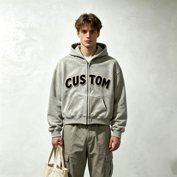 Vintage Towel Embroidery Applique Cropped Boxy Hoodie | Heavy fleece | Casual street fashion | OEM Streetwear