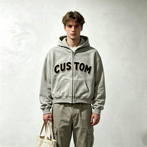 Vintage Towel Embroidery Applique Cropped Boxy Hoodie | Heavy fleece | Casual street fashion | OEM Streetwear