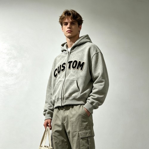 Vintage Towel Embroidery Applique Cropped Boxy Hoodie | Heavy fleece | Casual street fashion | OEM Streetwear