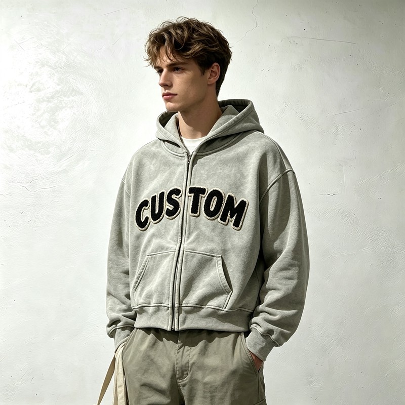 Vintage Towel Embroidery Applique Cropped Boxy Hoodie