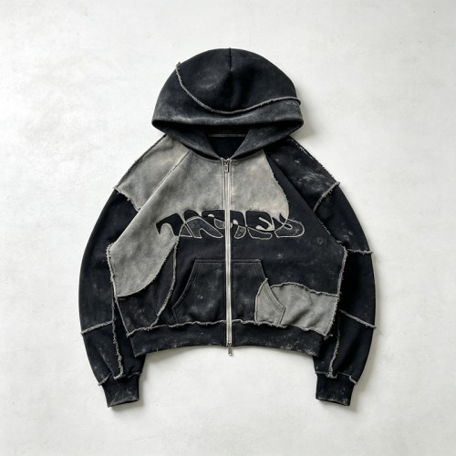 Vintage Washed Raw Edge Applique Cropped Boxy Hoodie | Heavyweight cotton | Y2K goth streetwear | Custom Streetwear