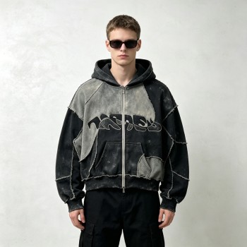 Vintage Washed Raw Edge Applique Cropped Boxy Hoodie | Heavyweight cotton | Y2K goth streetwear | Custom Streetwear