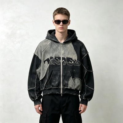 Vintage Washed Raw Edge Applique Cropped Boxy Hoodie | Heavyweight cotton | Y2K goth streetwear | Custom Streetwear