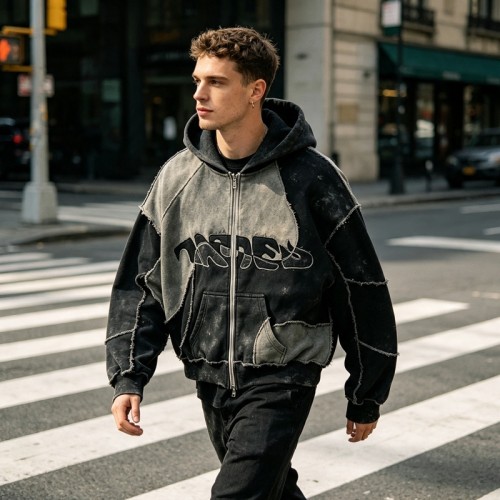 Vintage Washed Raw Edge Applique Cropped Boxy Hoodie | Heavyweight cotton | Y2K goth streetwear | Custom Streetwear