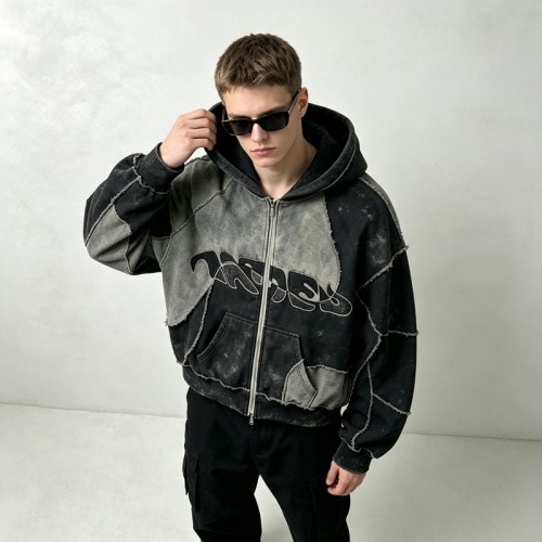 Vintage Washed Raw Edge Applique Cropped Boxy Hoodie | Heavyweight cotton | Y2K goth streetwear | Custom Streetwear