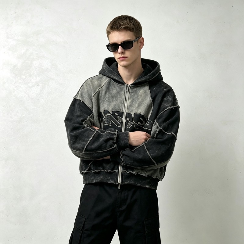Vintage Washed Raw Edge Applique Cropped Boxy Hoodie