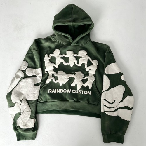 Cropped Boxy Vintage Washed Puff Print Sleeve Graphic Hoodie | Hip hop street fashion | Clothing Manufacturer