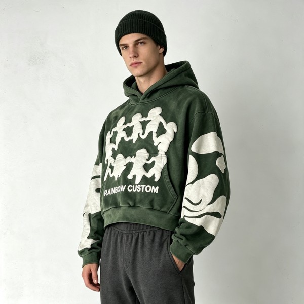 Cropped Boxy Vintage Washed Puff Print Sleeve Graphic Hoodie | Hip hop street fashion | Clothing Manufacturer