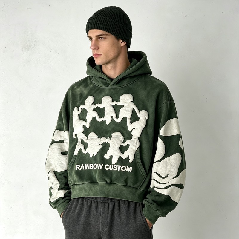 Cropped Boxy Vintage Washed Puff Print Sleeve Graphic Hoodie