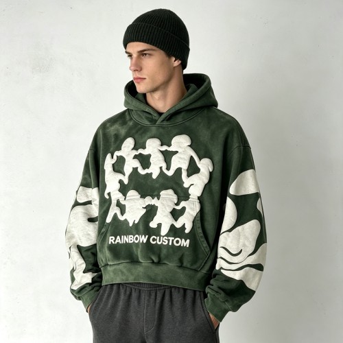 Cropped Boxy Vintage Washed Puff Print Sleeve Graphic Hoodie | Hip hop street fashion | Clothing Manufacturer