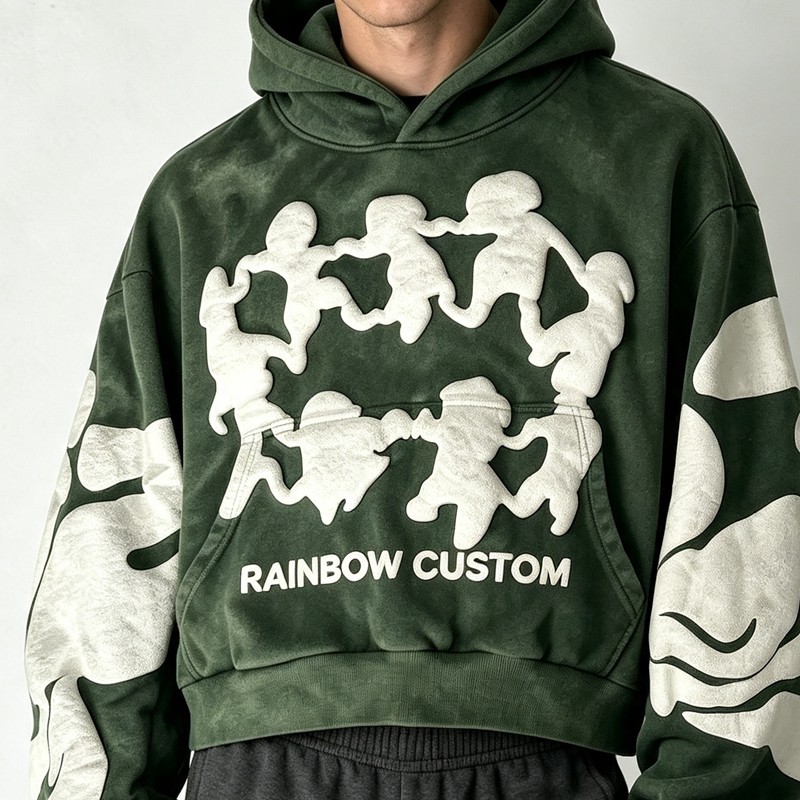 Cropped Boxy Vintage Washed Puff Print Sleeve Graphic Hoodie