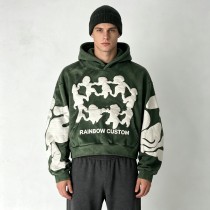 Cropped Boxy Vintage Washed Puff Print Sleeve Graphic Hoodie | Hip hop street fashion | Clothing Manufacturer