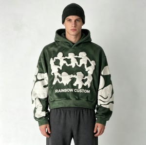 Cropped Boxy Vintage Washed Puff Print Sleeve Graphic Hoodie | Hip hop street fashion | Clothing Manufacturer