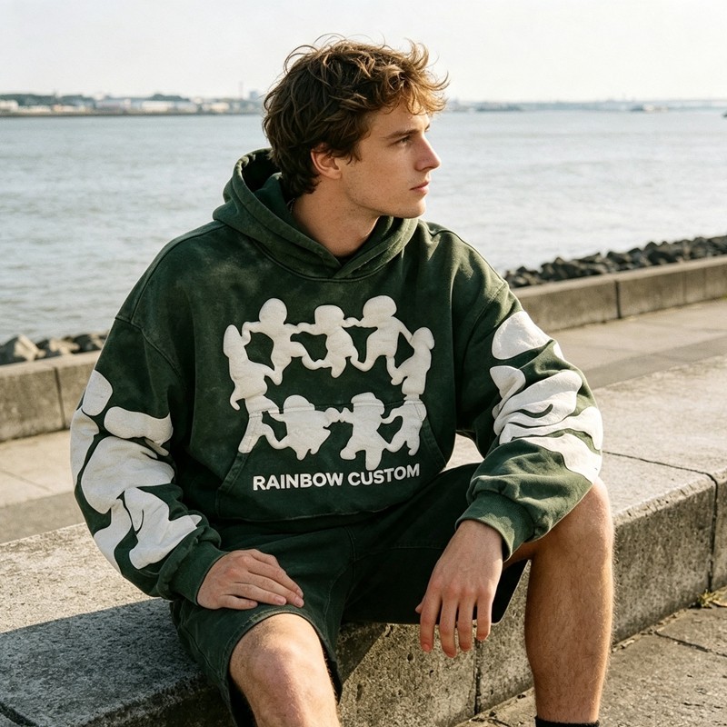 Cropped Boxy Vintage Washed Puff Print Sleeve Graphic Hoodie