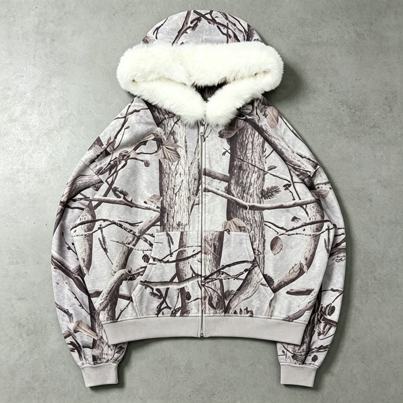 Tree Camo DTG Print Faux Fur Hood Trim Boxy Hoodie