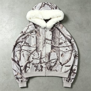 Tree Camo DTG Print Faux Fur Hood Trim Boxy Hoodie | Heavy fleece | Winter streetwear | Clothing Manufacturer